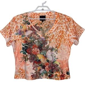 Vtg FRENCH BLUE Orange Boxy Tee Butterfly Rhinestone Cheetah Y2K Fairy Sz 1X